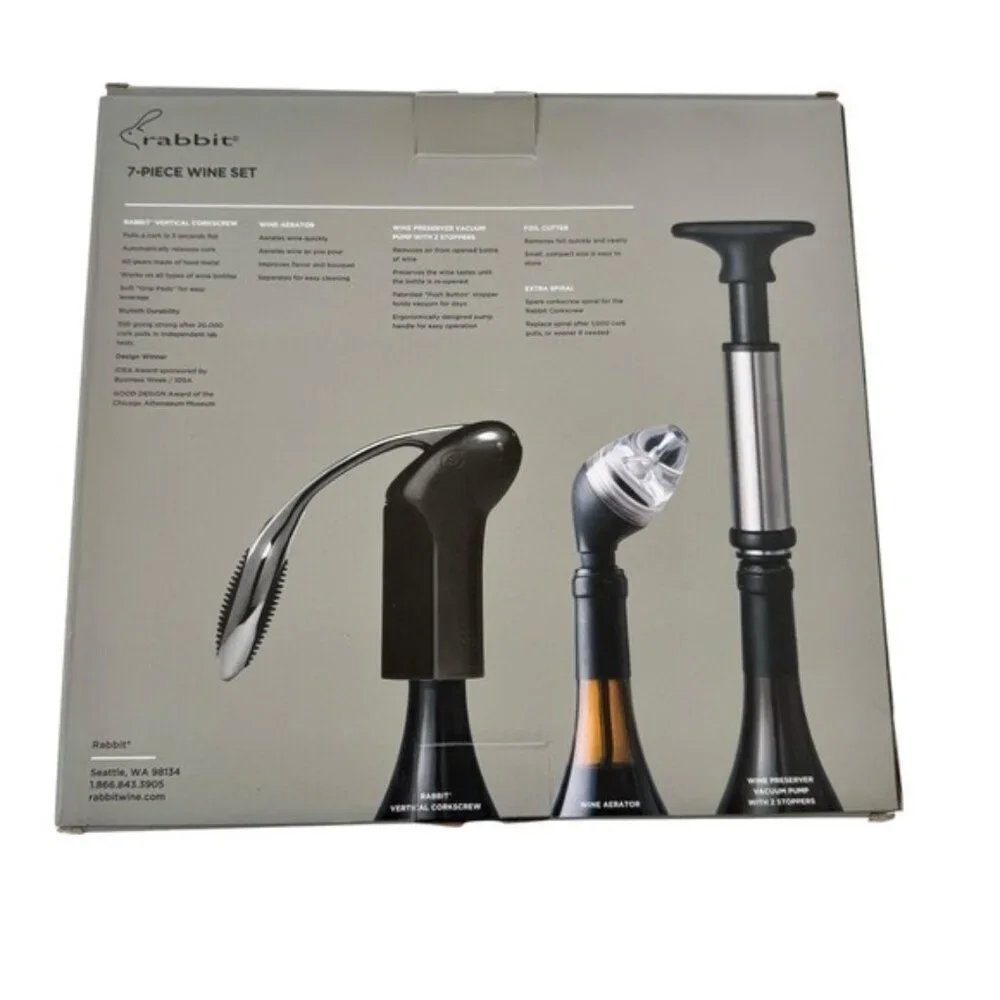 Rabbit 7-Piece Wine Bar Gift Set Manual Corkscrew Vacuum Pump Foil Cutter NIB